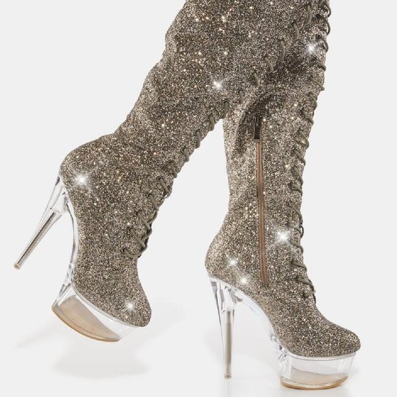 Bulls Silver Glitter Lace Up OTK Platform High Heel Thigh Boot - Picture 13 of 17